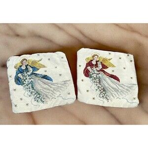 Vtg Needlepoint Christmas Angel Pillow Cases Because Burgundy Velvet Blue Gold